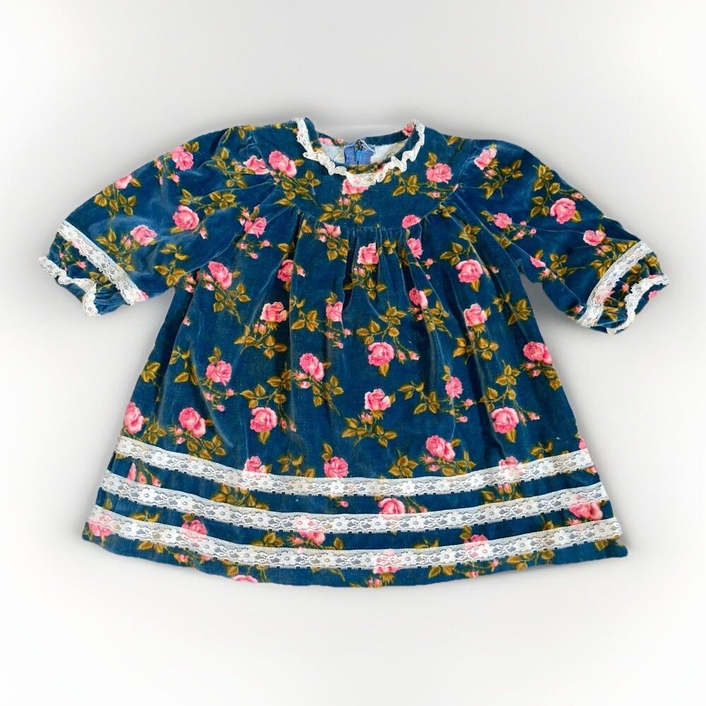 Hand Sewn Vintage Baby Girl Blue Velor Prairie Dress
